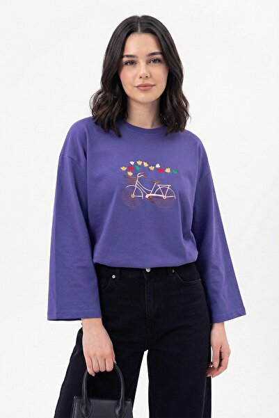 InStyle Oversized Purple Sweatshirt with Bicycle Pattern Embroidery