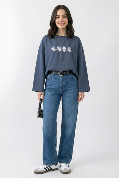InStyle Oversized Anthracite Sweatshirt with Multiple Penguin Embroidery
