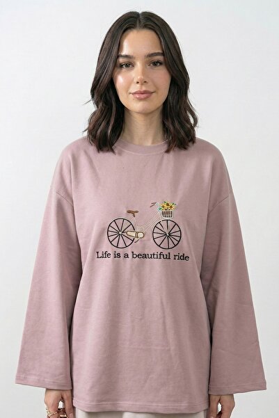 InStyle oversized Dusty Rose Sweat με γραπτό κέντημα ποδηλάτου