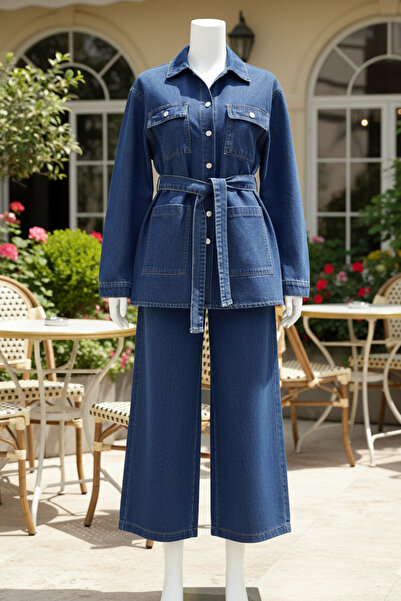 Kirazgym Women's Belted Pocketed Buttoned Denim Suit