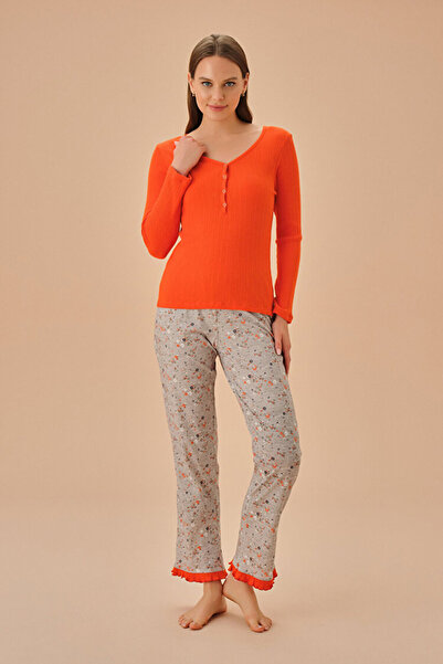 DREAM FASHION Gray Melange Patterned Birdy Pajama Set