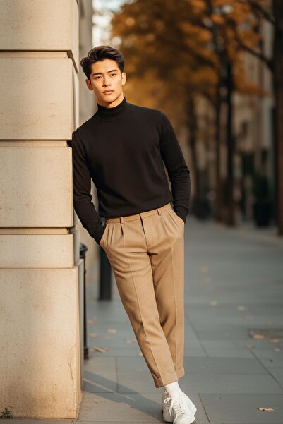 COMBİNE MİCHAİL Men's Regular Fit High Neck Black Knit Sweater