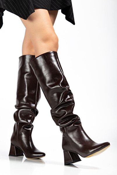 Aymood Syt-2002 Brown Wrinkled Patent Leather Bellows Thick Heeled Casual Boots