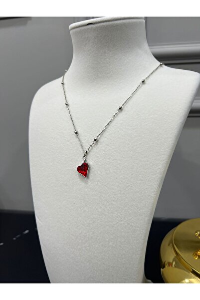 Store Beaded Ball Chain Silver Color Steel Red Heart Necklace