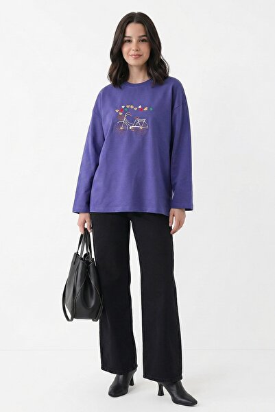 InStyle Oversized Purple Sweatshirt with Bicycle Pattern Embroidery