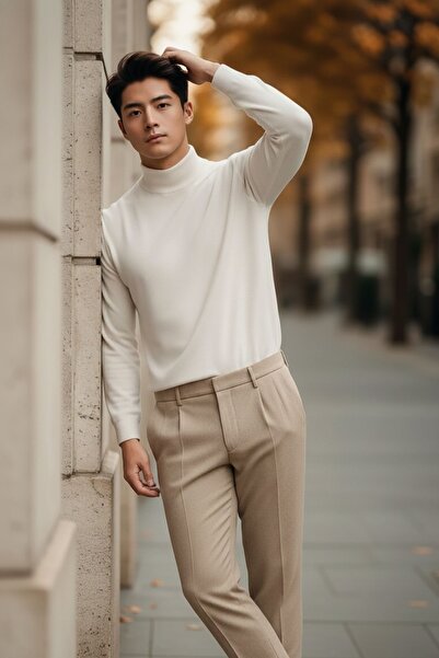 COMBİNE MİCHAİL Ανδρικό πλεκτό πουλόβερ με κρεμ χρώμα και κανονική εφαρμογή