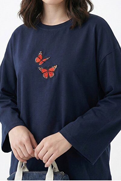InStyle Butterfly Embroidered Oversized Navy Blue Sweat