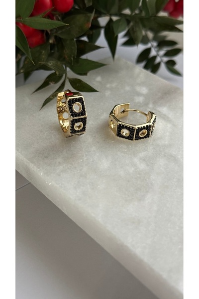 mibrillo Branded equivalent black stone detailed hoop earrings.