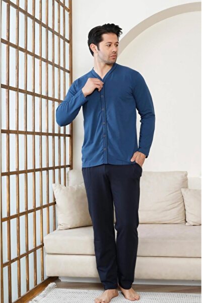 İpek Ανδρικό σετ πιτζάμες με μακρυμάνικο μπλουζάκι με κουμπιά από βαμβάκι