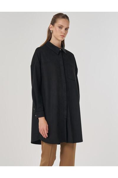 Kayra Gömlek Yaka Süet Tunik Siyah KA-A25-21075-12