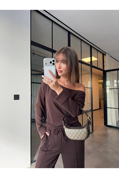 RAPAPA Women's Oversized Fit Coffee Tracksuit Set – Comfortable & Modern Style 1014K