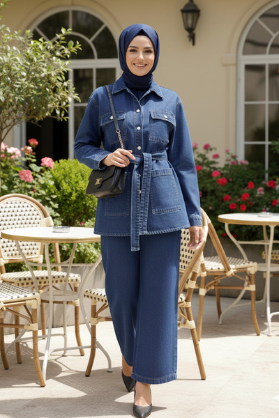 Kirazgym Women's Belted Pocketed Buttoned Denim Suit