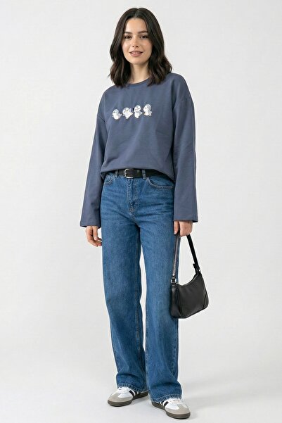 InStyle Oversized Anthracite Sweatshirt with Multiple Penguin Embroidery