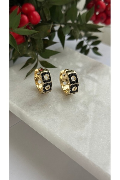 mibrillo Branded equivalent black stone detailed hoop earrings.