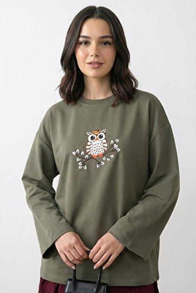 InStyle Owl Embroidered Oversized Khaki Sweat