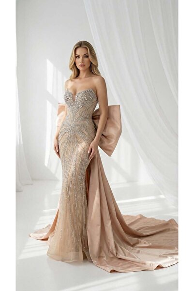 Hanımefendi Giyim Pırıltılı Kalp Yaka Balık Model Abiye Elbise