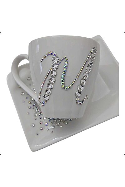 by Alexandra Vacarusi White cup and saucer set, decorated with Crystals, personalized gift,