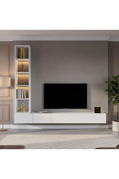 Stylish Home طاولة تلفزيون معلقة باللون الأبيض مع أرفف جانبية مضاءة - TV81A