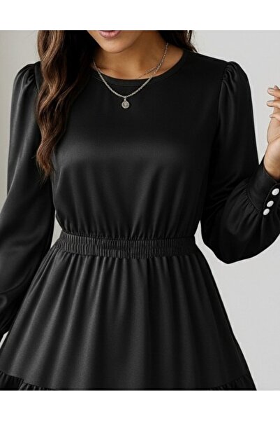 buğrahayalin Women's Long Sleeve Crew Neck Ruffled Imported Crepe Dress with Elastic Waist