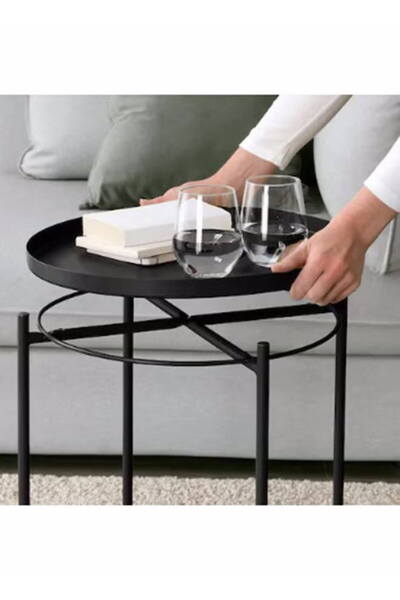 Modern home Steel Tray Table with Detachable Round Tray Top, Waterproof Black 25x48x4cm