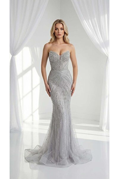 Hanımefendi Giyim Pırıltılı Kalp Yaka Balık Model Abiye Elbise