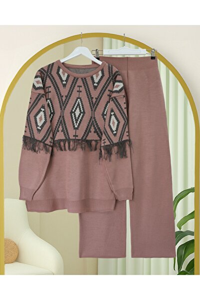 HİJABAYA Πλεκτό σετ με μοτίβο pixel με κρόσσια στο μπροστινό μέρος και τα μαν...