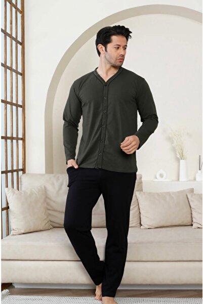 İpek Чоловічий комплект піжами з довгими рукавами та ґудзиками спереду, виготовлений з бавовни