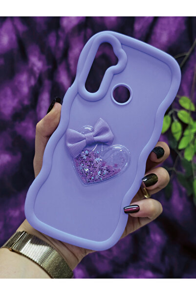 Magic Ring Realme 5İ/6İ Compatible Star Glitter Lilac Phone Case with Heart and Ribbon