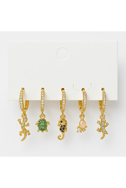 stainles steel 5’li Hayvan Figürlü Gold Küpe Seti (Kertenkele – Kaplumbağa – ...