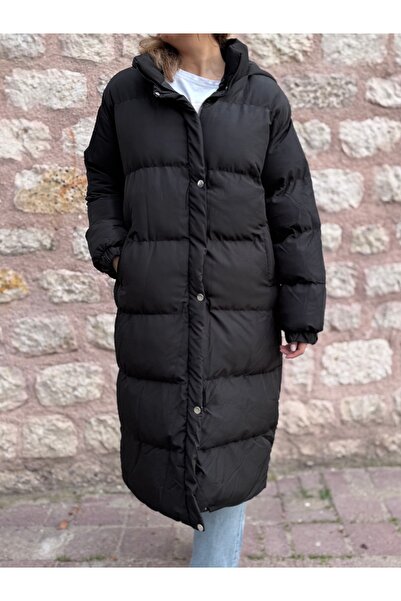 PELTEX Black Midi Length Basic Puffer Jacket