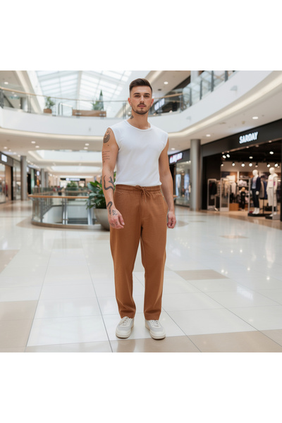 STYLENEST بنطلون قطني للرجال بلون القرفة ذو قصة مريحة وخصر مطاطي