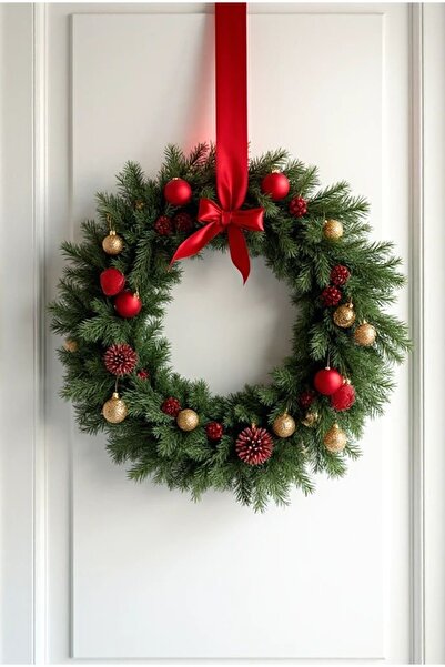 Diana Accessory Yılbaşı Kapı Süsü 28cm Çelenk Kozalak -yılbaşı renkli top fiyonk detaylı ÖZEL TASARIM