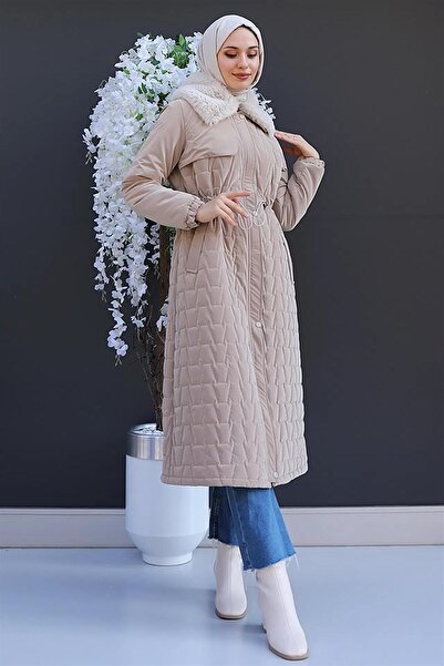 KULVAR TREND 5012 Seyyar Kürklü Beli Bağcıklı Pelerinli Kaban Vizon