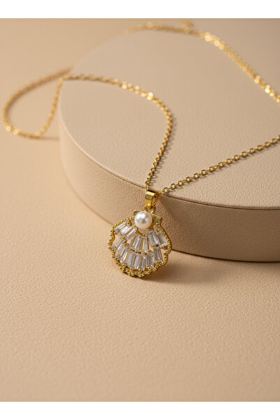 GKCBijoux 316L Çelik Gold Baget Taşlı İncili Deniz Kabuğu Kolye