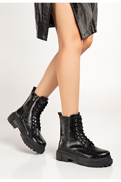 Zerenyus Zri̇n812-356 Premium Black Crocodile Pattern Lace-Up Zippered Casual Women's Boots