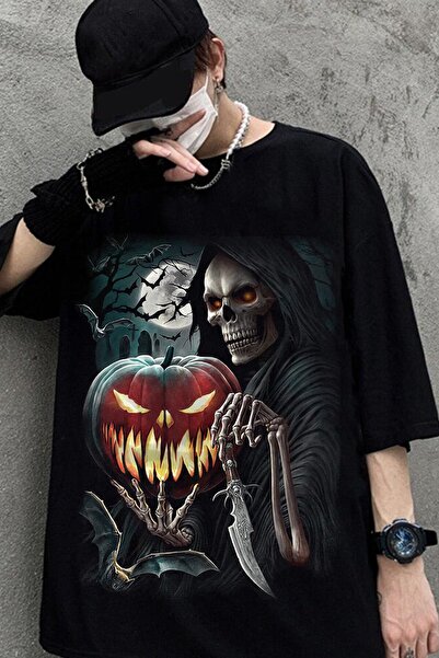 FG KONNİCHİWA Black Color Skeleton Large Front-Back Printed Unisex T-Shirt