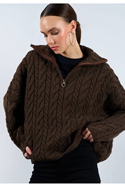 QUSTYLE سترة نسائية بياقة كاميونير وسحاب وضفائر شعر