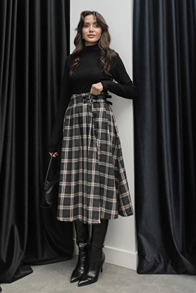 CİDDE Women's Plaid Pleated Deep Slit Waist Belt Detailed Slit Buttoned Skirt Regular Fit