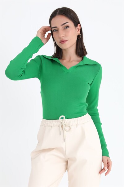 VELİZADE Women's Green Soft Textured Knitwear Corded Fabric Long Sleeve Polo ...