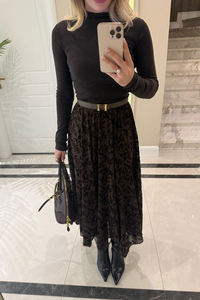 Sorridi Çiçek İşlemeli Kahverengi Uzun Etek