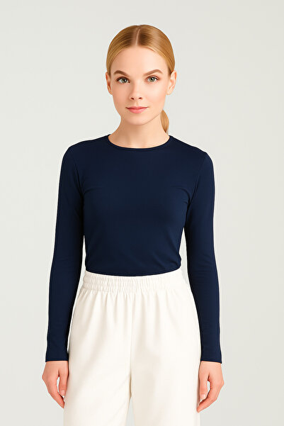 LUMİZA Γυναικεία ελαστική καθημερινή μπλούζα με στρογγυλή λαιμόκοψη σε μπλε ναυτικό χρώμα Soft Touch