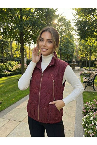 Punta Otantik Nc61581 Shawl Pattern Sequin Turtleneck Quilted Italian Vest Burgundy
