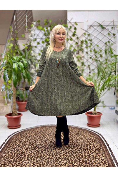 Punta Otantik Nc21419 Necklace and Stone Detailed Pleated Italian Knit Dress Khaki