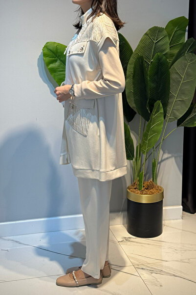 Lale Butik Women's Vest Pants Jacquard Detail Set 7303 Ecru