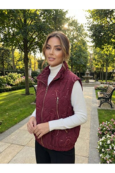 Punta Otantik Nc61581 Shawl Pattern Sequin Turtleneck Quilted Italian Vest Burgundy