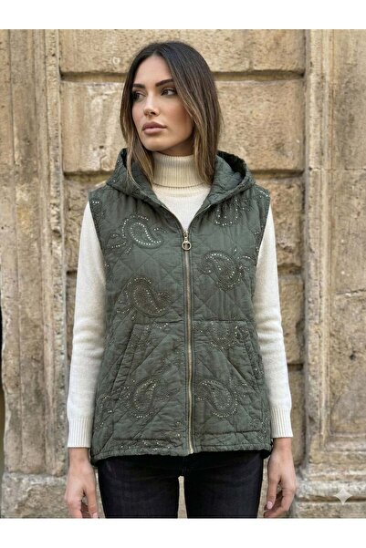 Punta Otantik Nc61585 Shawl Pattern Hooded Quilted Italian Vest Khaki