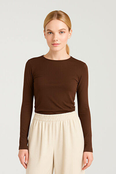 LUMİZA Soft Touch Women's Brown Round Neck Flexible Casual Blouse