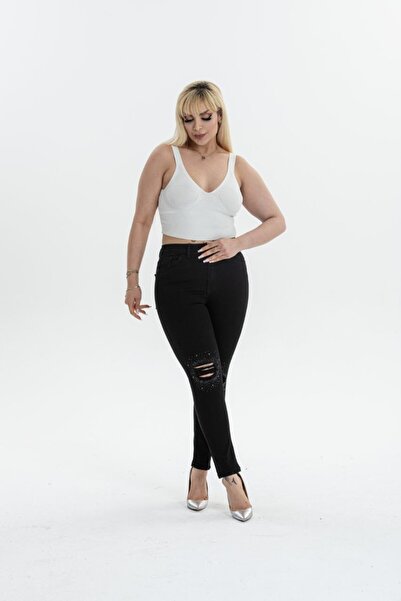 Stilys jeans Gamze Moda Large Size Pants with Stone Details and Ripping Details