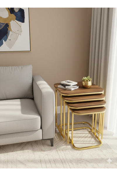 And Home Enzo Ceviz Mebran kaplama sarı altın kaplama tekerlekli metal sehpa