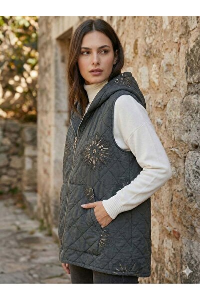 Punta Otantik Nc61586 Floral Pattern Hooded Quilted Italian Vest Gray